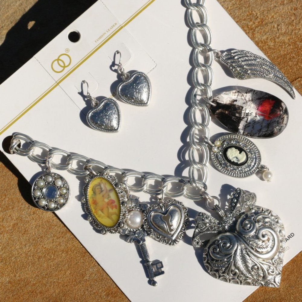 Boho Silver Heart Statement Necklace & Earring Set